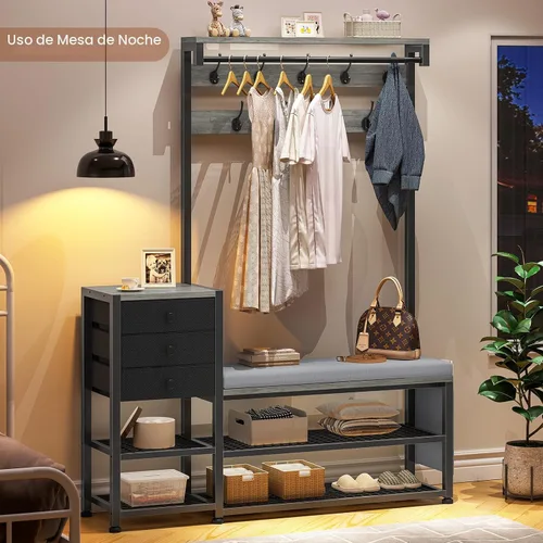 Miniatura 9 de Itaar Perchero, árbol de pasillo con banco y almacenamiento de zapatos, banco de entrada 7 en 1 con cojín suave, bolsa de almacenamiento, 3 cajones