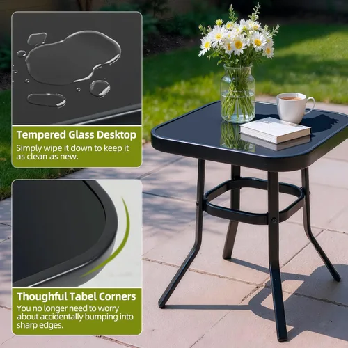 Miniatura 8 de SUNCROWN Juego de 3 sillas mecedoras para exteriores, muebles de acero negro con cojín grueso y mesa de centro de cristal, color rojo