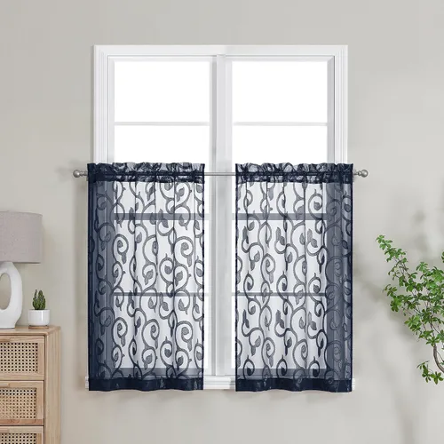 Miniatura 23 de OWENIE Furman - Juego de 2 paneles de cortinas traslúcidas negras de 24 pulgadas de largo, cortinas semitransparentes de jacquard ligeras y aireadas