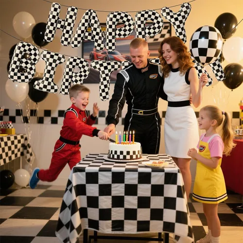 Miniatura 6 de Globo de cartel de feliz cumpleaños con temática de auto de carreras, decoración de fiesta de carreras a cuadros en blanco y negro, suministros