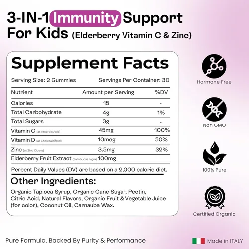 Miniatura 2 de Gomitas de saúco para niños, 3 en 1, vitamina C y zinc, vegano, suplemento orgánico de apoyo inmunológico para niños, sin azúcar añadido, apto