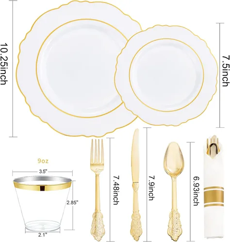 Miniatura 6 de Liacere 350 platos de plástico dorados, platos desechables blancos y dorados, vajilla de plástico barroco para 50 invitados, incluye 100 platos, 50