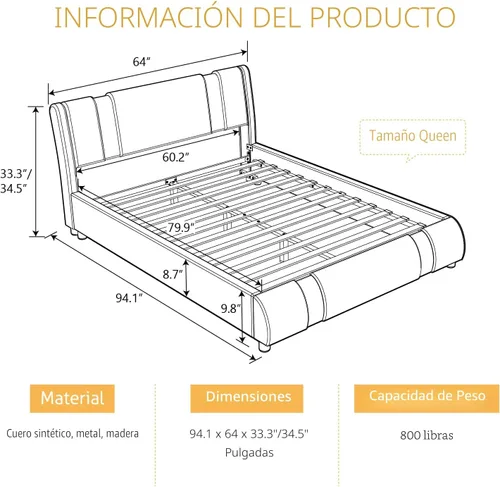 Miniatura 2 de SHA CERLIN Marco de Cama Queen Moderno de Cuero Sintético con Cabecera Ajustable y Detalles de Hierro, Cama Plataforma Tapizada de Lujo con Soporte