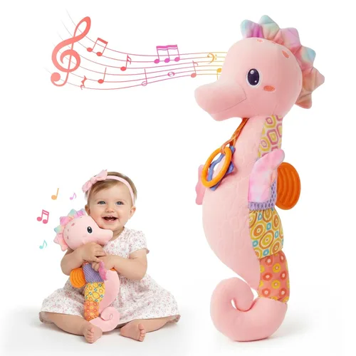 Miniatura 7 de Juguetes para bebés de 0 a 6 meses, animales de peluche musicales para bebés con colores brillantes, juguetes sensoriales de caballito de mar