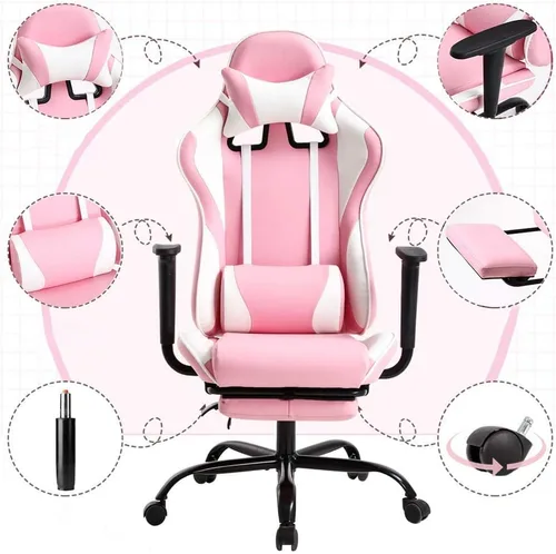 Miniatura 8 de Silla de oficina para videojuegos, silla de ordenador de respaldo alto, ergonómica para PC con soporte lumbar y reposapiés retráctil, de piel