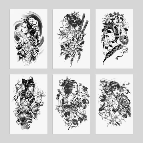 Miniatura 8 de 6 hojas de brazo falso impermeable cuerpo arte temporal tatuajes pegatinas negro japonés geisha samurai mujeres flor loto TBS-04