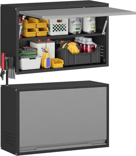 Miniatura 8 de Armario de pared de garaje de metal con puerta abatible hacia arriba, cabenit de herramientas flotante negro con estante ajustable, armarios