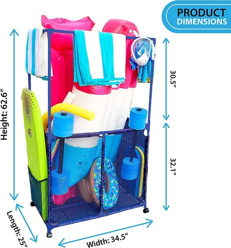 Miniatura 2 de Soporte para equipo de piscina con barras de secado de toallas, organizador de almacenamiento multiusos con ruedas de malla, colgador de toallas