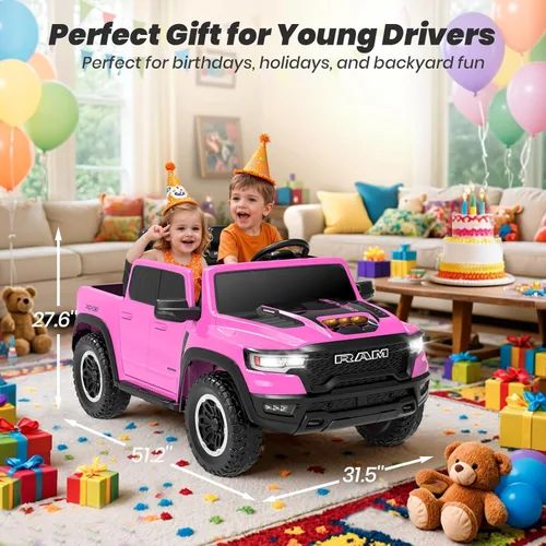 Miniatura 4 de RAM 1500 RHO 24V con licencia, coche de montar para niños de 2 plazas, coche rosa para niñas con control remoto, coche eléctrico para niños