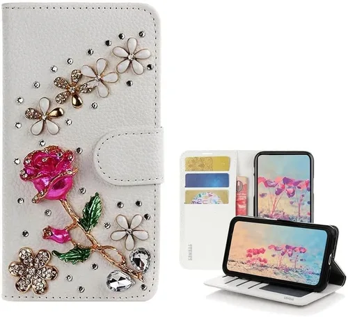 Miniatura 13 de Bling Wallet - Funda de piel compatible con iPhone 15, elegante, hecha a mano en 3D, diseño floral, diseño floral, para niñas y mujeres, con correa