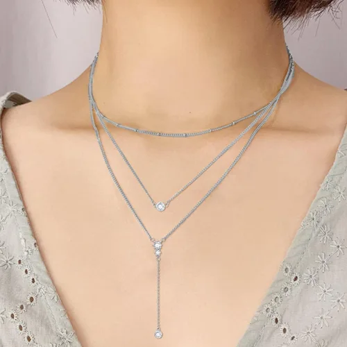 Miniatura 2 de Collar bohemio en capas de plata de ley triple 3 apilados barra vertical triangular collares largos en capas joyería de Navidad regalos para mujer