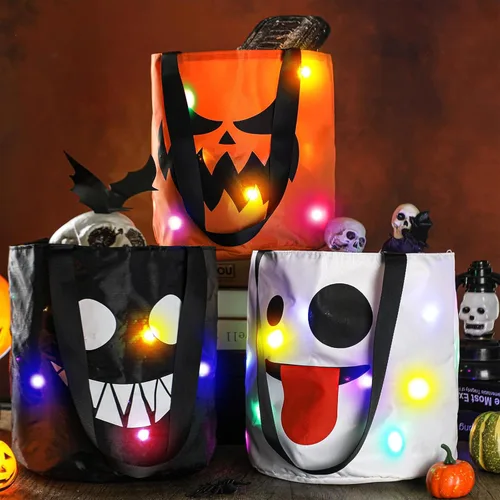Miniatura 4 de Teling 6 bolsas de dulces de calabaza con luces LED para Halloween con luces LED, bolsas de regalo reutilizables para suministros de fiesta