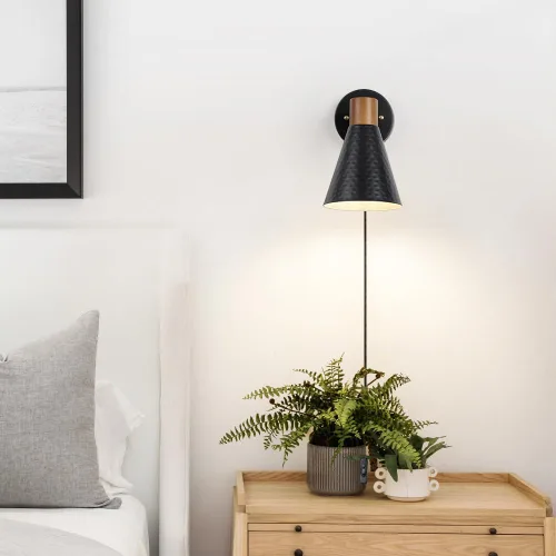 Miniatura 2 de Juego de 2 apliques de pared negros enchufables modernos, lámpara de pared para dormitorio con cable de encendido/apagado, aplique de madera
