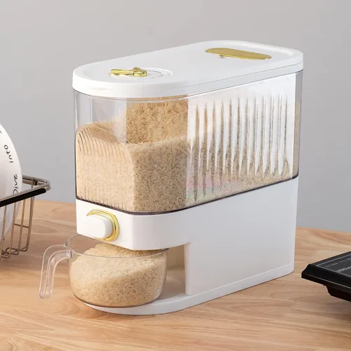 Miniatura 8 de Gagee Dispensador de arroz de 11 libras, gran contenedor de almacenamiento de granos con tapa, cilindro de medición a prueba de humedad, dispensador