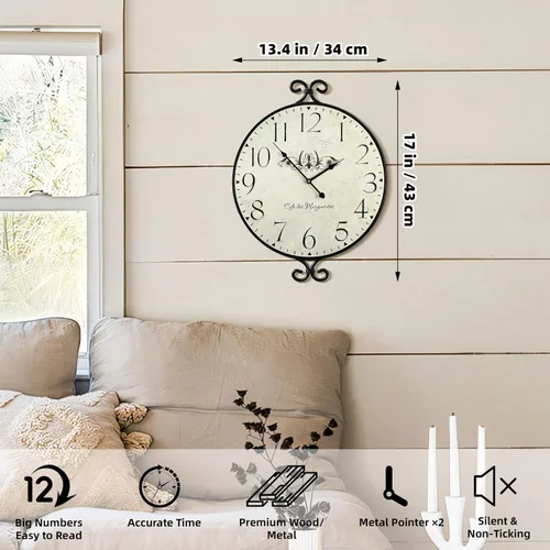 Miniatura 2 de Reloj de pared estilo granja, 17 pulgadas de alto x 13.4 pulgadas de profundidad, marco de hierro forjado con acabado gris cálido, reloj de pared