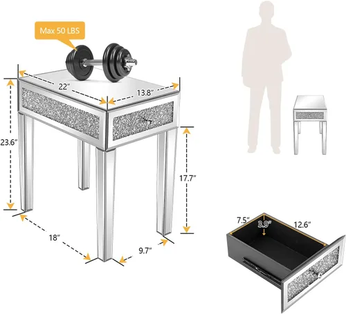Miniatura 2 de VINGLI Mesa auxiliar estrecha con espejo, pequeña mesa auxiliar para sofá/sofá/cama con almacenamiento, mesita de noche de cristal delgada