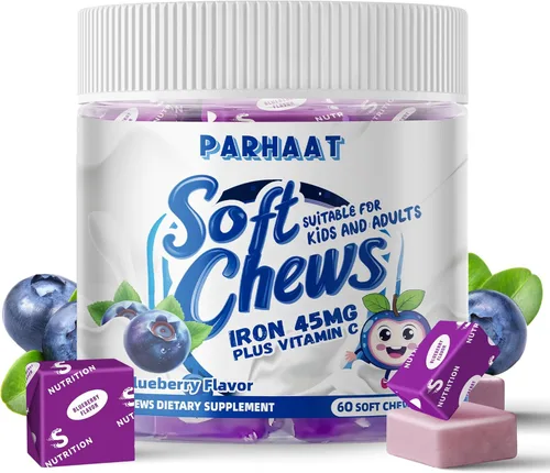 Suplemento masticable suave de hierro con vitamina C | Sabor a arándano | Sin gluten | Suplemento de hierro para mujeres, hombres y niños | 60