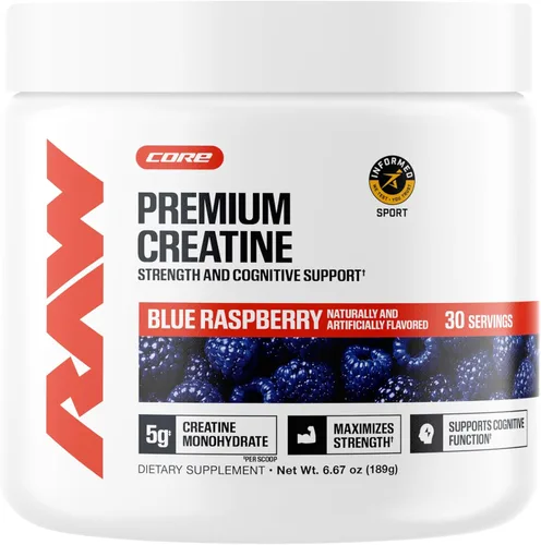 RAW Nutrition Polvo de monohidrato de creatina, sabor frambuesa azul (30 porciones) - Suplemento de monohidrato de creatina micronizado para