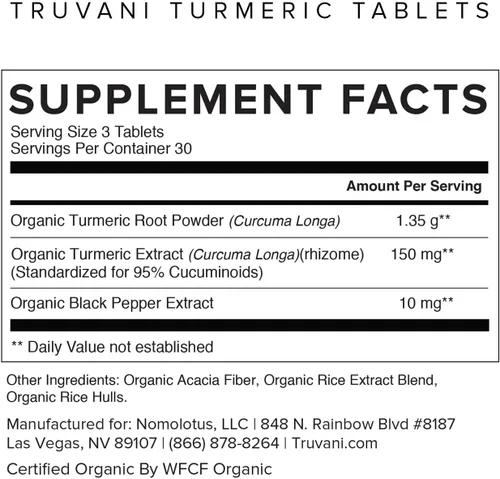 Miniatura 2 de Truvani Tabletas de curcumina de cúrcuma orgánica de 1,350 mg cada una, apoyo natural para las articulaciones con pimienta negra para absorción - 90
