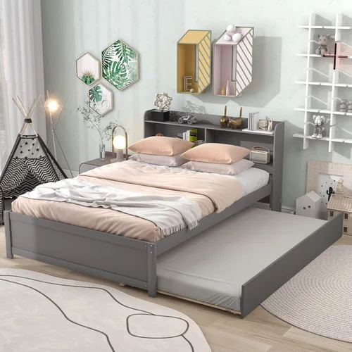 Miniatura 14 de Polibi Cama de plataforma de madera de tamaño individual con cabecero, estribo, listones de madera, no necesita somier (blanco)