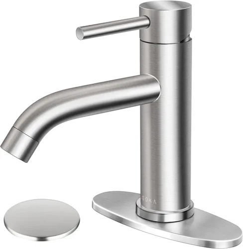 Miniatura 14 de SOKA Grifo dorado para lavabo de baño con cascada, grifo de lavabo de un solo orificio con drenaje emergente, grifo moderno para fregadero de tocador