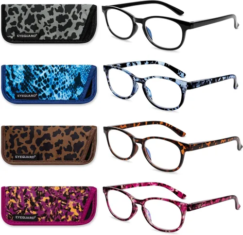 EYEGUARD - Gafas de lectura azul de 4 unidades, diseño de lectores de resorte de moda para mujeres, gafas de computadora Lente de lectura de luz