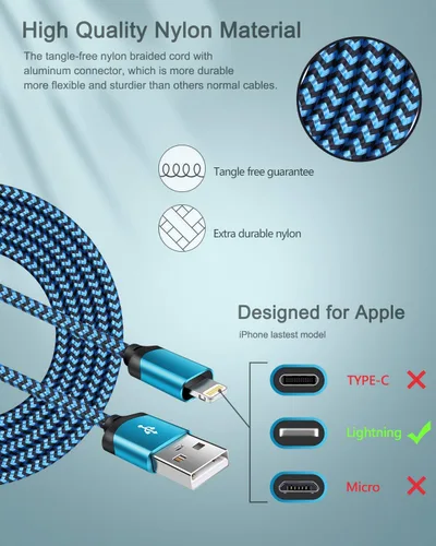 Miniatura 4 de AILKIN Cargadores de iPhone, [certificado Apple MFI] Cable Lightning trenzado de 6 pies de largo + cargador de pared USB, cable de alimentación