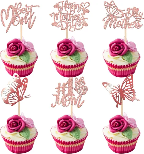 Miniatura 28 de Rsstarxi Paquete de 30 adornos dorados para cupcakes para el Día de la Madre con purpurina para el Día de la Madre, la mejor mamá del mundo
