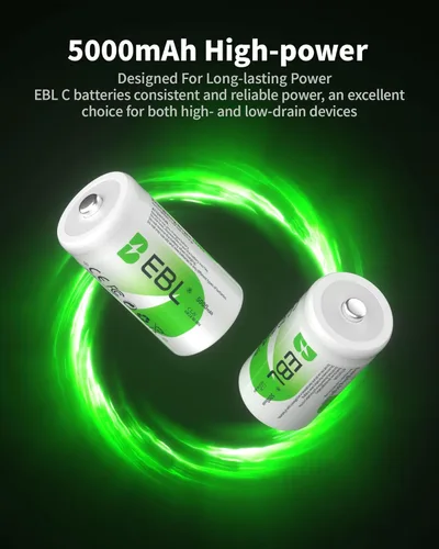 Miniatura 2 de EBL Pilas recargables tipo C, 5000 mAh Ni-MH de alta capacidad, celda C, paquete de venta al por menor nuevo, paquete de 4