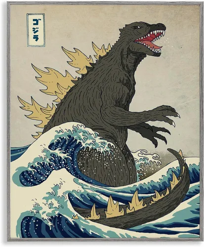 Miniatura 11 de Stupell Industries 'Nautical Godzilla Eastern Style Illustration', arte giclée enmarcado, negro, 11 x 14 pulgadas, fácil de colgar y resistente