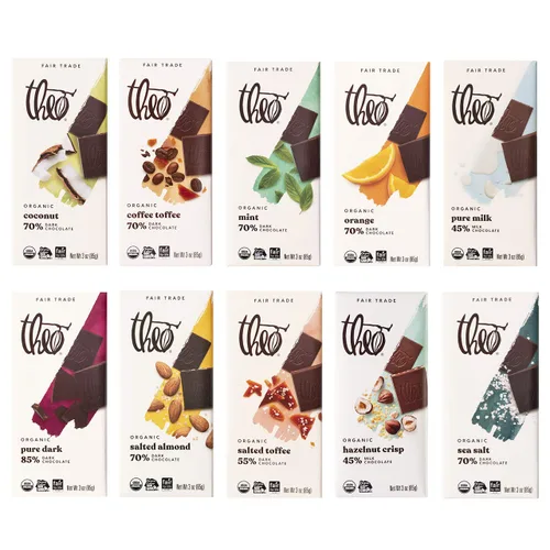 Theo Paquete de 10 muestras clásicas de leche orgánica de chocolate negro y chocolate negro | Comercio justo, regalo de chocolate