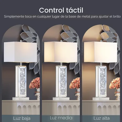 Miniatura 2 de Juego de 2 lámparas de mesa modernas con control táctil, lámpara de noche de espejo plateado con gran cristal de diamante, con puertos USB C+A