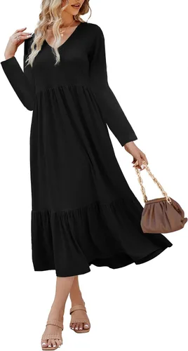 Miniatura 3 de Paintcolors Vestido largo casual de manga larga con cuello en V para mujer, vestido escalonado, color sólido, holgado, con vuelo, vestido midi