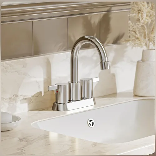 Miniatura 4 de Phiestina Grifo de Baño de 4 Pulgadas Centerset 2 o 3 Agujeros 2 Manijas Cromado Sin Plomo, Caño Giratorio con Desagüe Emergente de Cobre y 2 Líneas