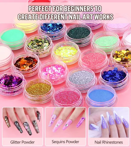 Miniatura 5 de Juego de uñas acrílicas con taladro y luz UV, juego de uñas para principiantes con todo incluido, set de 24 polvos acrílicos de brillo con monómero