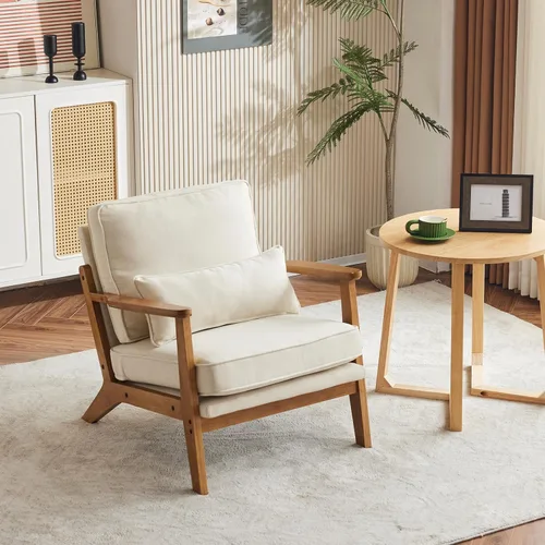 Miniatura 9 de VINGLI Silla decorativa de madera maciza con reposabrazos anchos, silla moderna tapizada de mediados de siglo con almohada, cómoda silla de lectura
