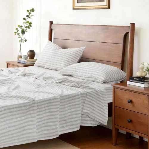 Miniatura 3 de S VICTORY SYMBOL - Juego de sábanas de lino 100% orgánico, sábanas rayadas beige clásicas teñidas con hilo, juego de cama de lino natural francés