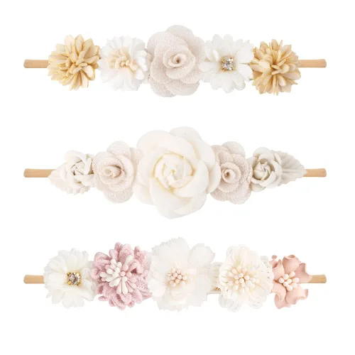 Miniatura 10 de cherrboll 3 diademas de flores para bebé, súper suaves y elásticas, de nailon, para recién nacidas Rosa (Rose Bloom)