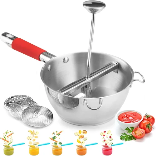 Miniatura 9 de Molino de alimentos de acero inoxidable – 3 discos de molinillo de alimentos – Enricer de patatas para puré de papas – Manivela de mano