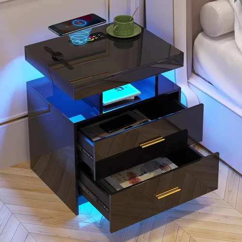 Miniatura 10 de Mesita de noche LED con estación de carga, moderna mesita de noche negra con luz de sensor corporal, mesita de noche con 2 cajones de almacenamiento