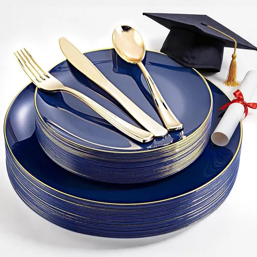 Miniatura 14 de YOUBET 125 piezas de platos de plástico negros y dorados - Platos desechables negros con borde dorado - Incluye 25 platos de cena, 25 platos