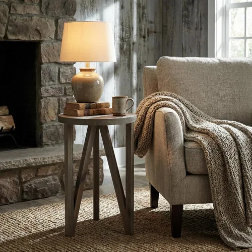 Miniatura 4 de Cortesi Home Tobin - Mesa decorativa en madera maciza con acabado cepillado de alambre gris de granja, pequeña redonda de 15 pulgadas