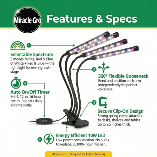 Miniatura 3 de Miracle-Gro Luz LED de cultivo para plantas de interior de 4 cabezales, luz de espectro seleccionable con temporizador y modos de regulación