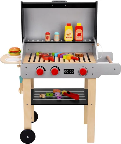 Miniatura 7 de OOOK Parrilla de juguete de barbacoa de madera, juego de parrilla para niños con alimentos de juguete y herramientas de parrilla, accesorios