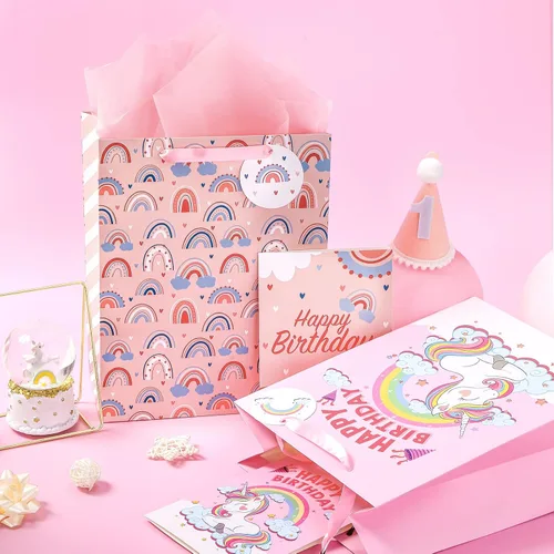 Miniatura 4 de WRAPAHOLIC Bolsas grandes de regalo de cumpleaños de 13 pulgadas con tarjeta y papel de seda, paquete de 2 para cumpleaños de niños y niñas