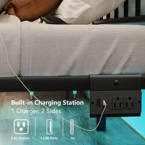 Miniatura 4 de Marcos de Cama Tamaño Twin con Estación de Carga, Marco de Cama de Plataforma de Metal Negro con Luces LED, Soporte de Listones de Acero Metal