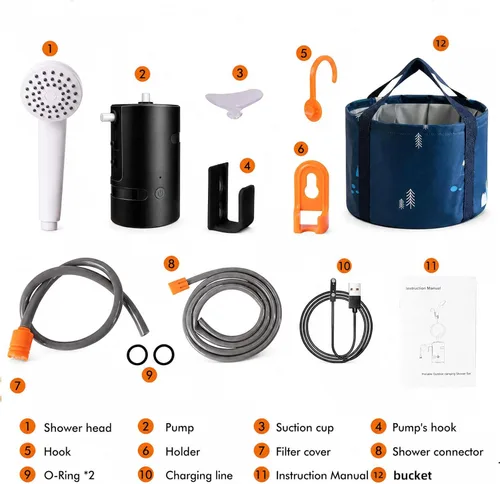 Miniatura 6 de Ducha portátil para campamento, 4400 mAh, recargable por USB, IPX7, impermeable, bomba de ducha con batería + cubo plegable para campamento Negro