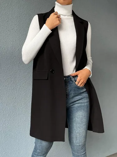 Miniatura 5 de SheIn Chaleco largo con doble botonadura frontal abierta para mujer sin mangas largo para exteriores con bolsillos