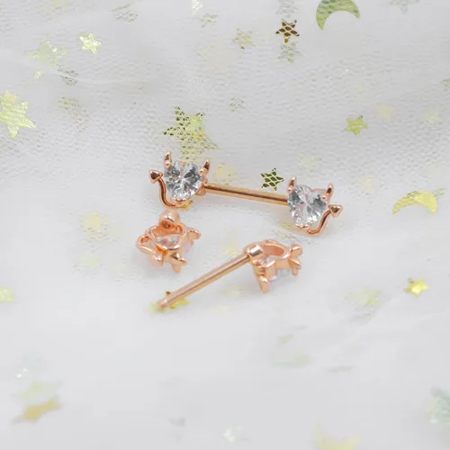 Miniatura 5 de BODY16G CZCZ Piercing para pezones de acero inoxidable 316L con forma de corazón de diablo con circonita cúbica para pezones piercing corporal