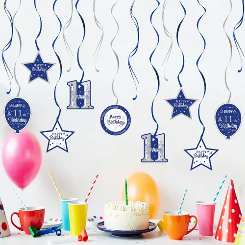Miniatura 6 de Decoración de fiesta de serpentinas con purpurina azul y plateada de feliz 11º cumpleaños, 15 piezas de remolinos colgantes de 11 cumpleaños, cartel